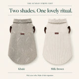 Sunday Stripe Dog Shirt in Khaki and Milk Brown, with striped fabric and cocoa-toned edging.