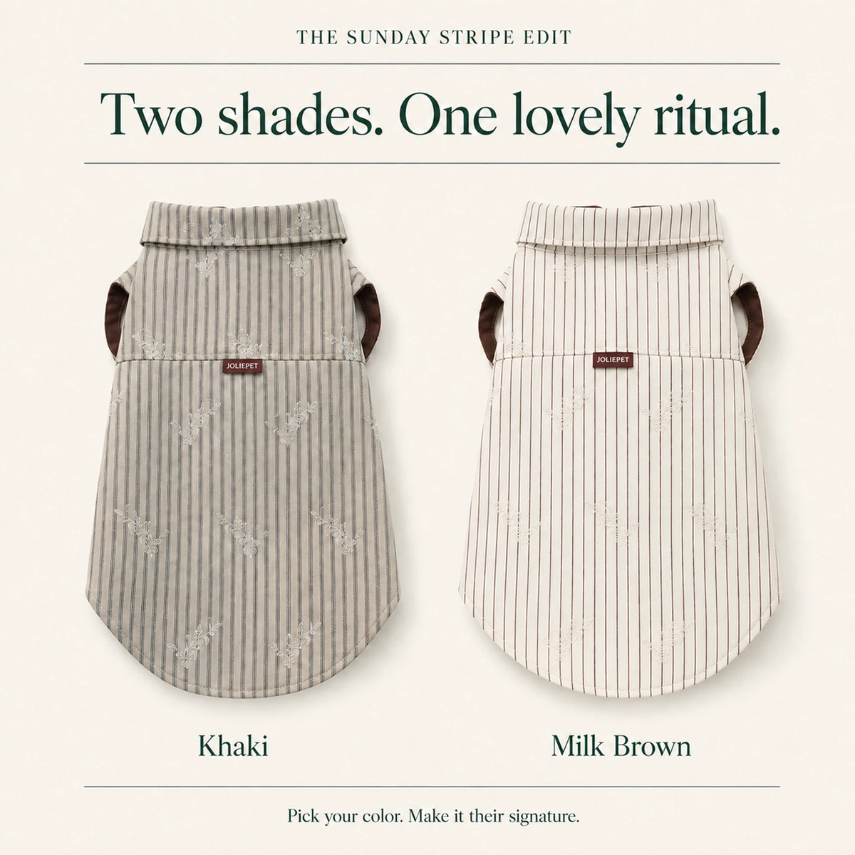 Sunday Stripe Dog Shirt in Khaki and Milk Brown, with striped fabric and cocoa-toned edging.