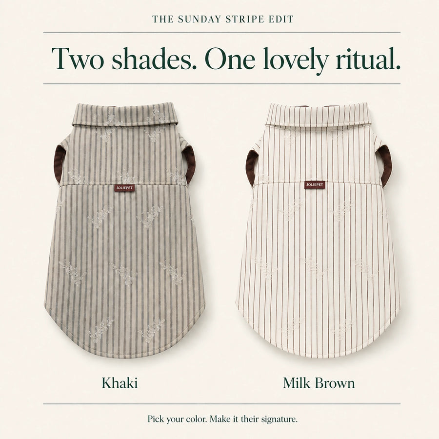 Sunday Stripe Dog Shirt in Khaki and Milk Brown, with striped fabric and cocoa-toned edging.