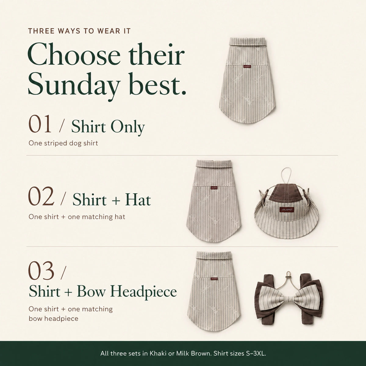 Three set options: Shirt Only, Shirt + Hat, and Shirt + Bow Headpiece.