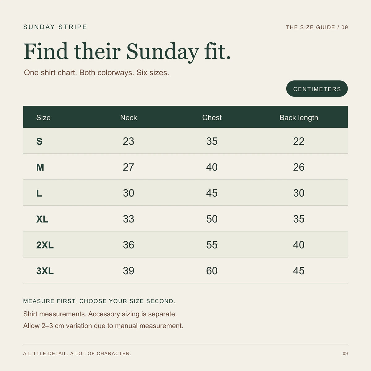 Dog shirt size chart from S to 3XL showing neck, chest and back measurements in centimeters.