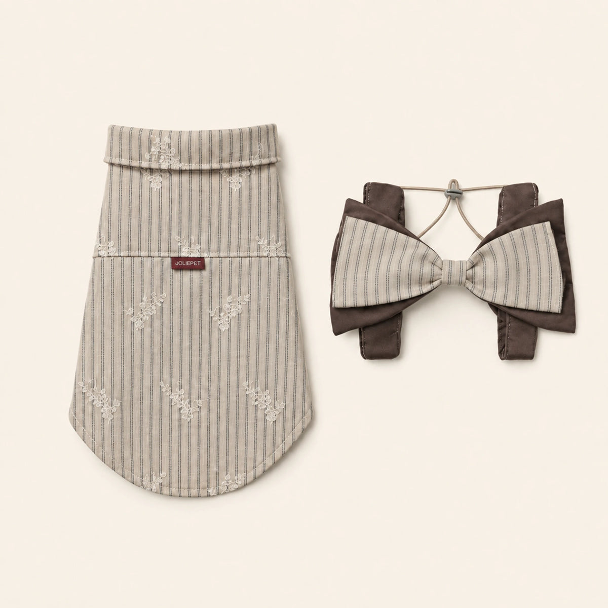 Khaki Sunday Stripe Dog Shirt with the matching bow headpiece.
