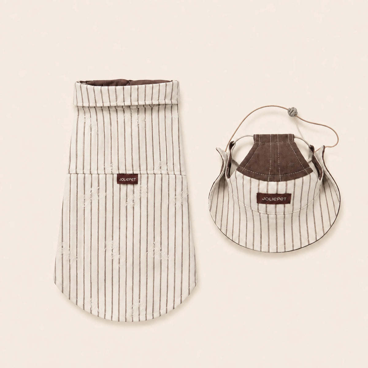Milk Brown Sunday Stripe Dog Shirt with the matching hat.