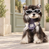 Dog wearing the gray Club 08 pet vest and white styling sunglasses on an outdoor pedestrian street with pale stone paving and sage storefront windows; sunglasses not included.