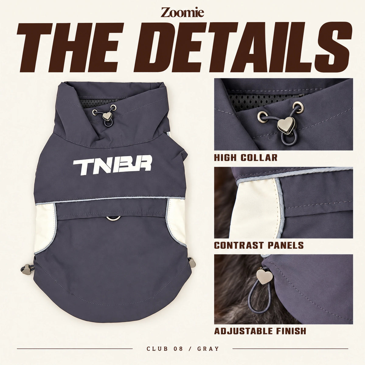 Gray dog vest with close-up views of its high collar, contrast panels and adjustable hem finish.