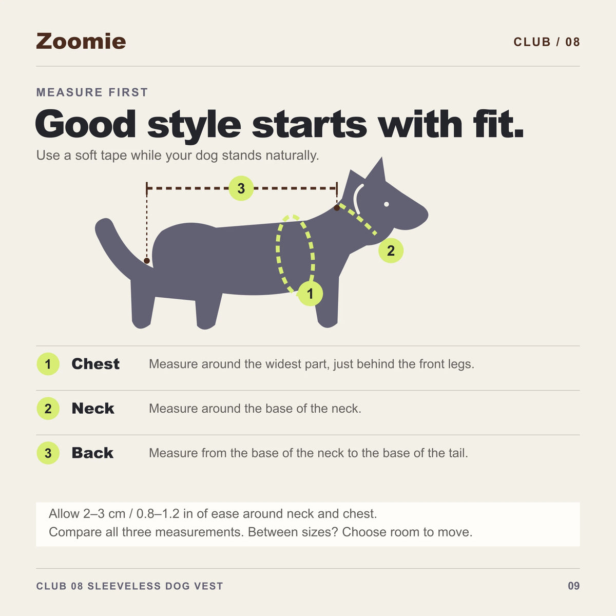 Diagram showing how to measure a standing dog around the neck and chest and along the back.