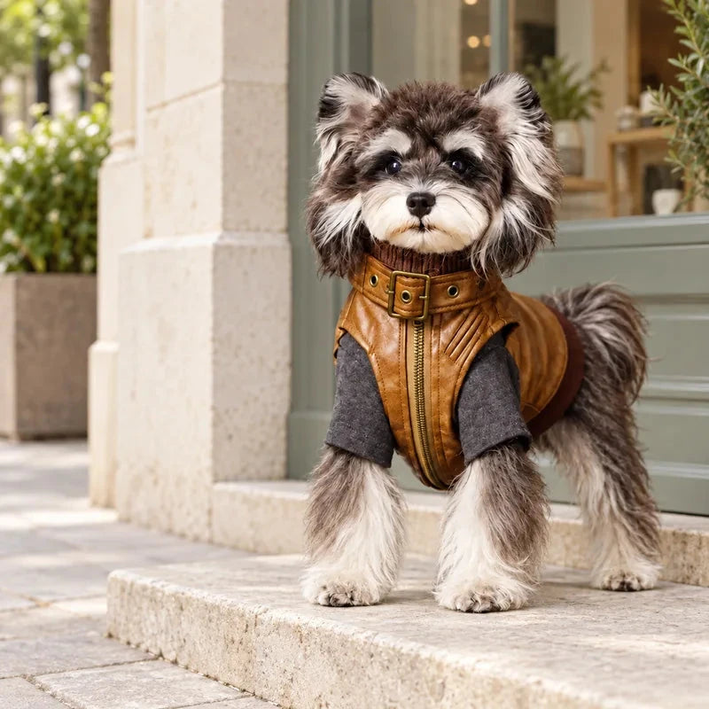 Dog wearing the brown Heritage Rover pet vest over a gray styling top on an outdoor pedestrian street with pale stone paving and sage storefront windows; styling top not included.
