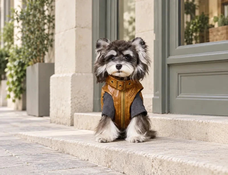 Front view of a dog wearing the brown Heritage Rover pet vest on an outdoor pale stone step beside a sage storefront; gray styling top not included.