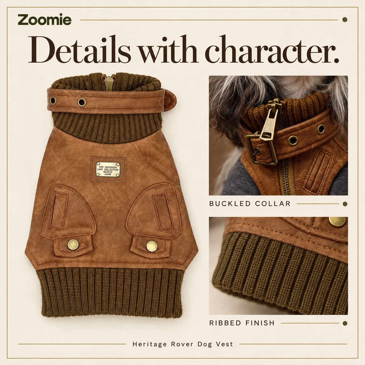 Heritage Rover design board showing the brown garment, collar buckle, front zipper and ribbed trim.