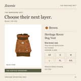 Heritage Rover purchase options: one brown vest in sizes XS, S, M, L, XL and XXL. Gray top and styling props are not included.