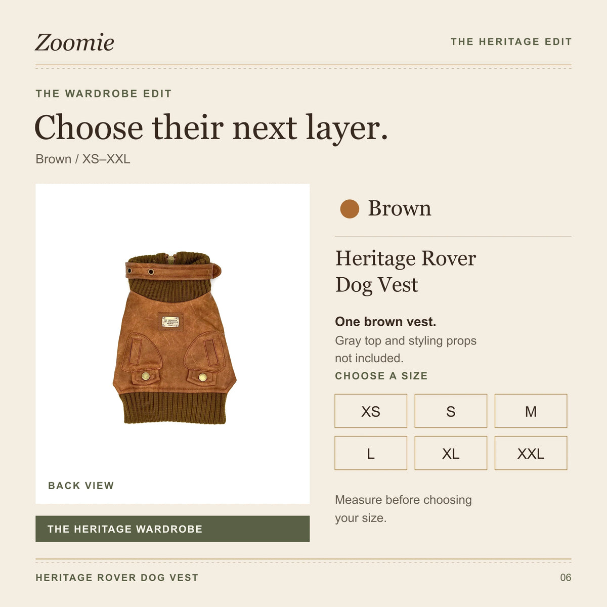 Heritage Rover purchase options: one brown vest in sizes XS, S, M, L, XL and XXL. Gray top and styling props are not included.