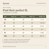 Heritage Rover size chart in centimeters and kilograms for XS to XXL, including neck, chest and back dimensions.