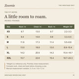 Heritage Rover size chart in inches and pounds for XS to XXL, including neck, chest and back dimensions.