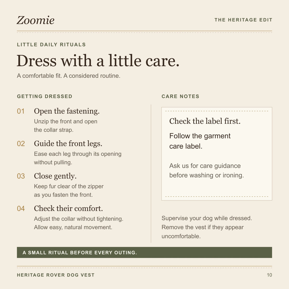 Heritage Rover wearing guide with fitting steps and a reminder to follow the garment care label.