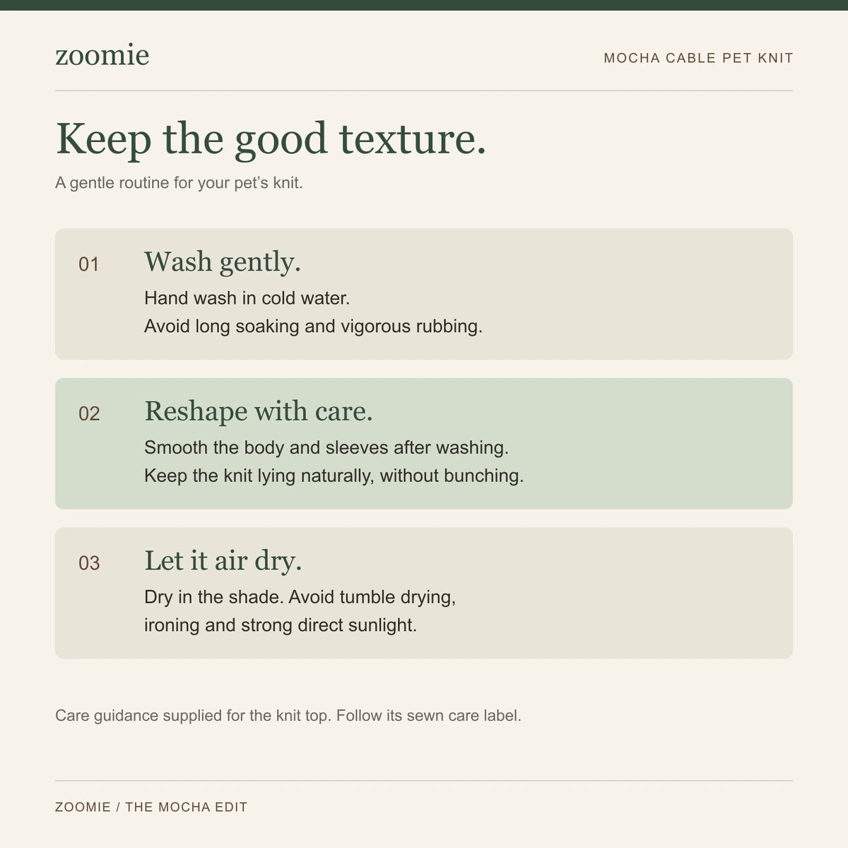 English care instructions for the cream cable-knit pet top.