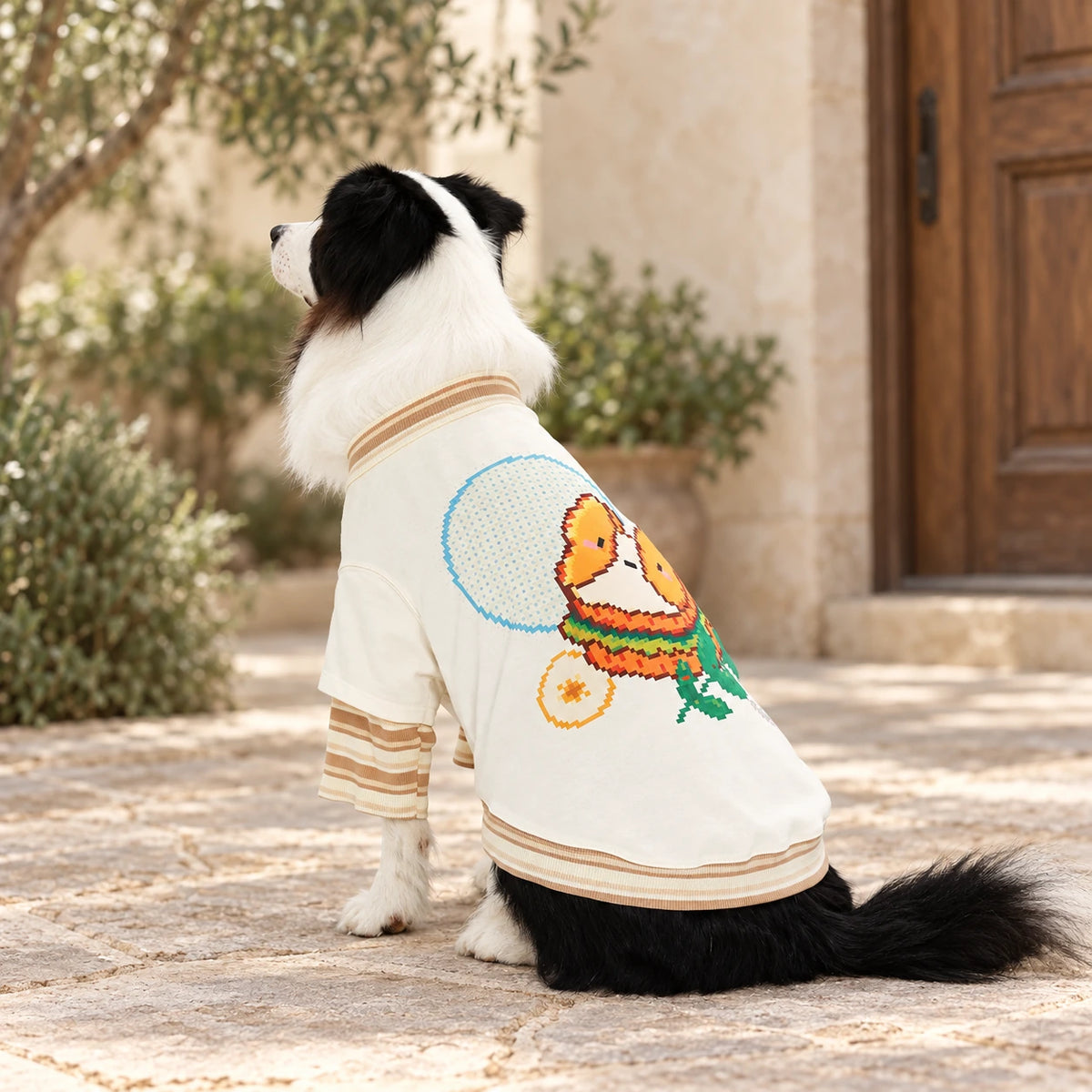 Back view of a Border Collie wearing a cream pet top with a colorful pixel corgi and cactus print. AI-edited lifestyle setting.