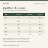 Pixel Picnic Pet Top supplier size guide in inches, converted from centimeters and rounded to one decimal place. Sizes M through 4XL.