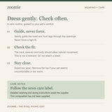 Wearing and care notes: dress gently, allow natural movement, supervise wear, remove if uncomfortable or too warm, and follow the garment care label.